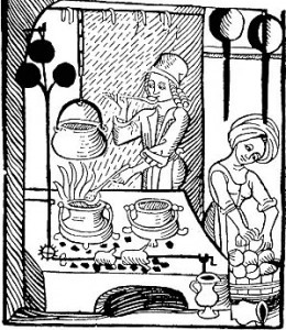 gravure : femmes en cuisine au Moyen Age